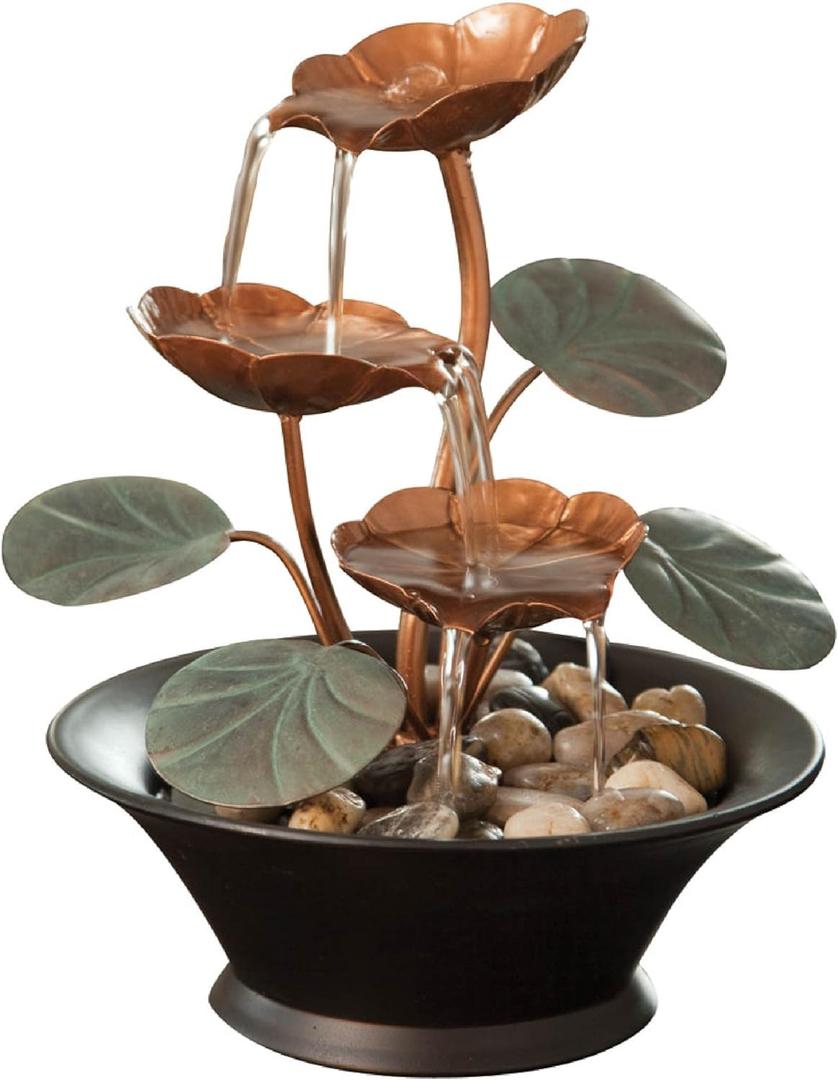 Bits and Pieces - Indoor Water Lily Water Serenity Fountain  Compact Tabletop Decoration with Copper-Colored Blooms and Leaves Flowing Water for Relaxing Dcor