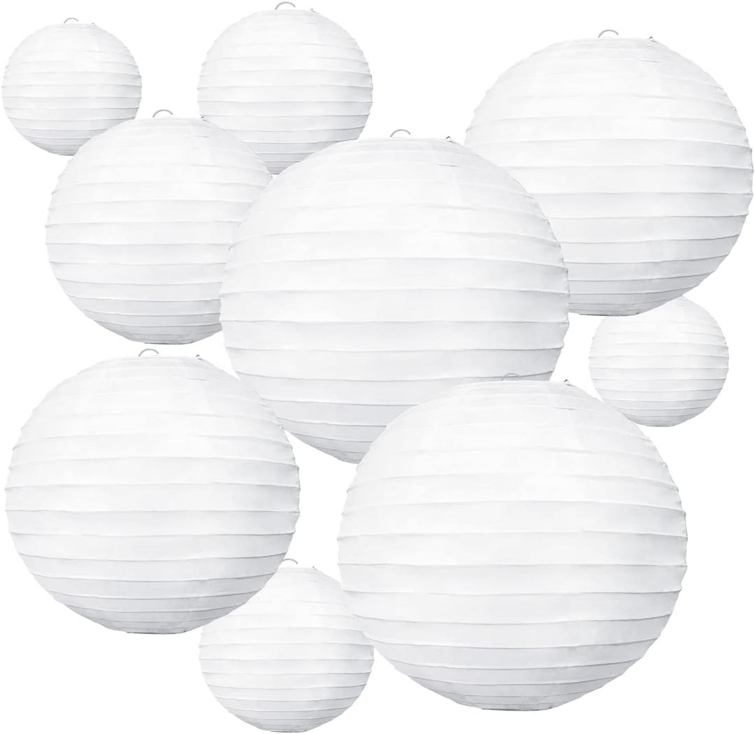 BEISHIDA 10Pcs White Paper Lanterns Decorative Chinese/Japanese Hanging Round Paper Lanterns Lamp for Birthday, Wedding, Christmas, Bridal, Home Decor, Party Decoration(Size of 4, 6, 8, 10) (White)