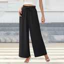 Women's Wide Leg Linen Pants - High Waist Flowy Trousers with Pockets (Large, Black)