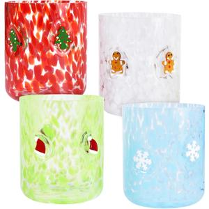 4 PCS 14 Ounce Christmas Icon Juice Glasses,Christmas Drinking Cups,Four Colors and Patterns,Strong and Durable Glasses Are The Great Gifts for Friends! (4 Pack (14 fl oz))