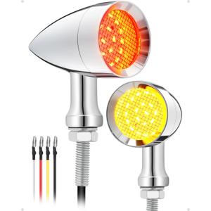 PBYMT Motorcycle Rear Turn Signals LED, 24 LEDs Bullet Blinkers Chrome Amber Lights Compatible for Harley Honda Kawasaki Suzuki Triumph Yamaha (2PCS) (Chrome/Red & Yellow)