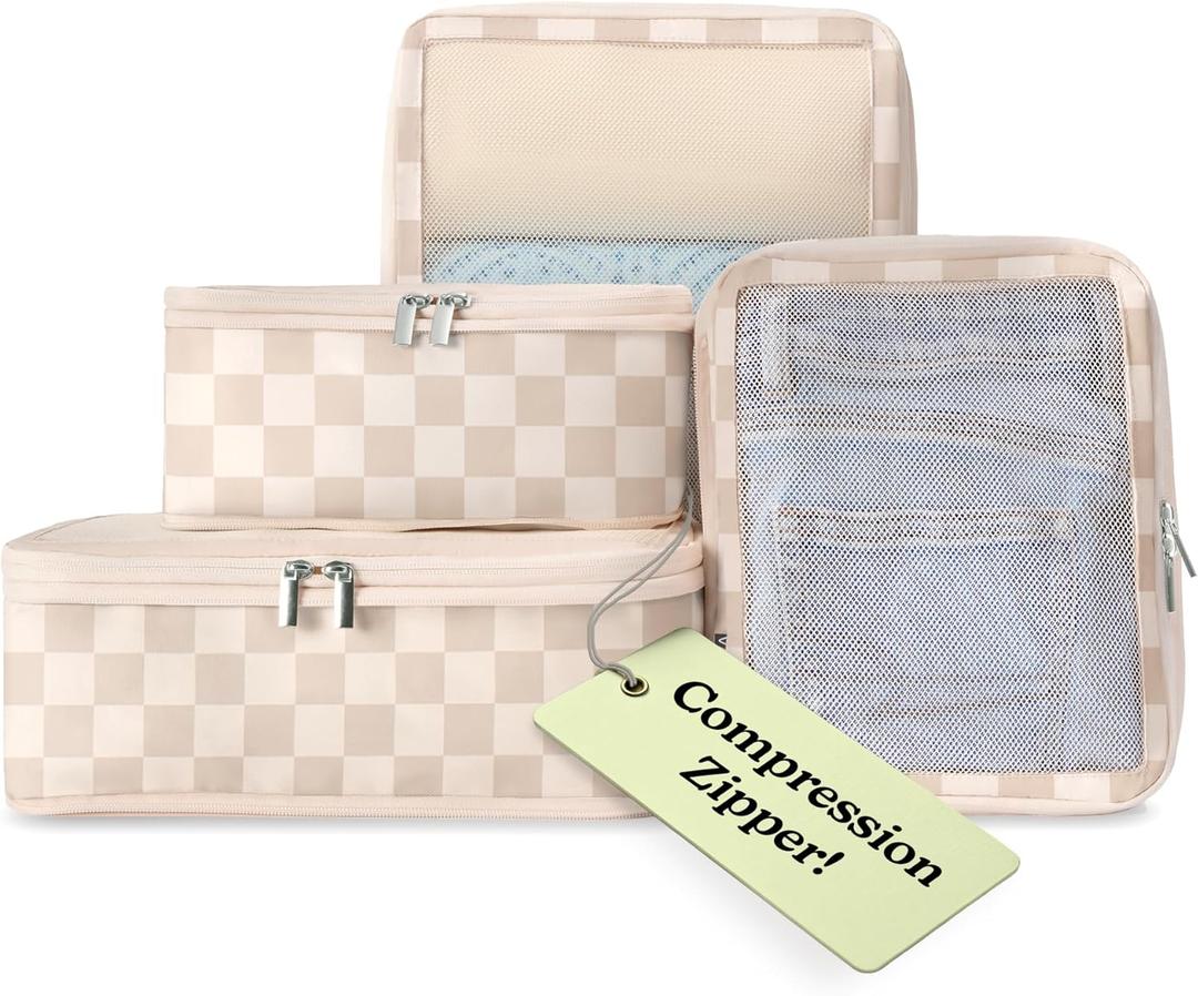 Vandel Space-Saving Compression Packing Cubes for Women, Men, Compressible Carry On Suit Case Organizer Luggage Packing Cubes for Travel Organizer Bags for Luggage and Backpacks, Suitcase Cube (Neutral Checker)