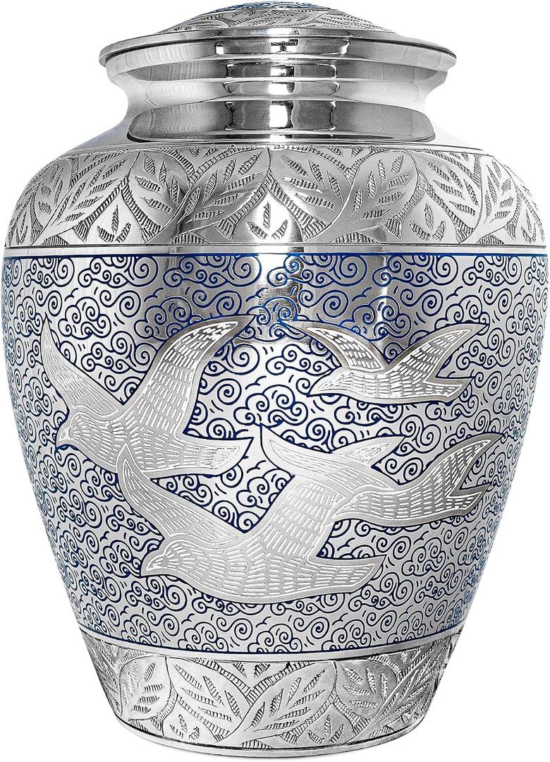Trupoint Memorials Extra Large Urn for Ashes Adult Male or Female Up to 330 lbs Cremation Urns for Human Ashes, Funeral Memorial Urns for Men & Women Silver Birds