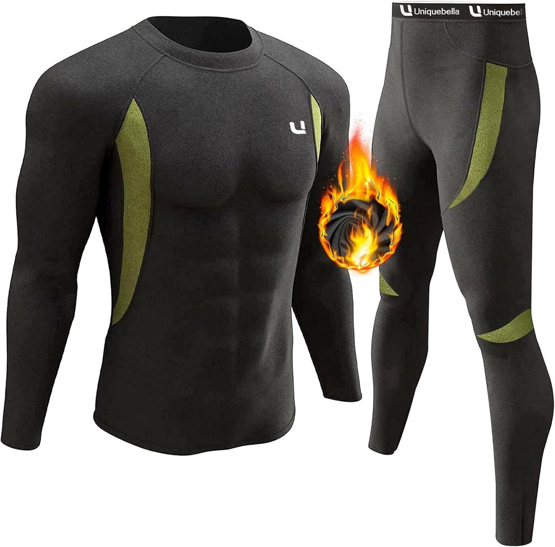 UNIQUEBELLA Men's Thermal Underwear Sets Top & Long Johns Fleece Sweat Quick Drying Thermo Base Layer (Large, Black)