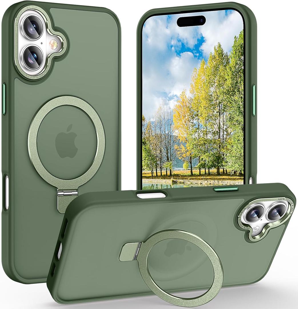 Magnetic for iPhone 17 Case with Ring Stand, [10 FT Drop Protection] [Velvety Touch] Slim Translucent Matte Back Shockproof Phone Case for iPhone 17 6.3'', Midnight Green