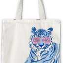 Preppy Tiger Tote Bag - Blue and White Tiger Canvas Tote Bag, Trendy Tiger Gifts for Women, Preppy Tiger Reusable Foldable Tote Bag