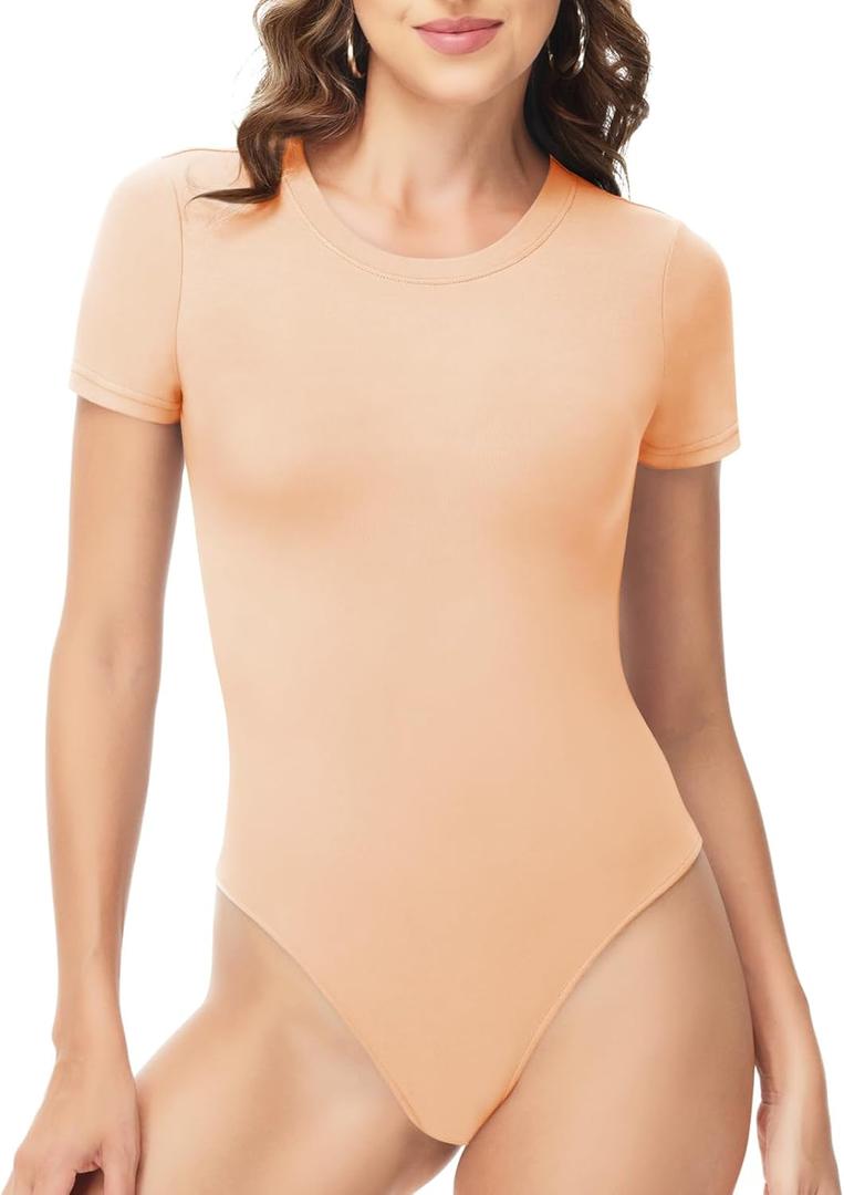 TNNZEET Bodysuits for Women - Black Bodysuit Women Tops Round Neck T Shirts for Women Fashion Body Suit Going Out Tops Size M, Nude