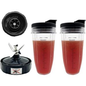 Blender 24 oz Cups with Lids & 6 Fins Female Blade Replacement Parts for Ninja, Extractor Blade for Nutri Ninja Auto iQ BL480D 30 DOB, BL450 69, BL456 70, BL480 70, BL455 30 DOB, BL482 30 DOB