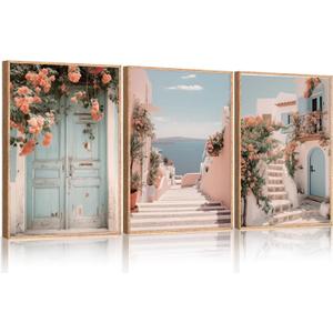 KAIRNE Italian & Mediterranean Coastal Framed Canvas Wall Art, Pink Blue & White Seascape Painting for Beach House Decor, Luxury Italian Seaside Landscape for Living Room, Bedroom, Office - 24x36 Inch (Aegean)