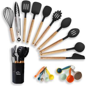 Bebiger Kitchen Cooking Utensils Set, 21 pcs Non-Stick Silicone Cooking Kitchen Utensils Spatula Set with Holder, Wooden Handle Silicone Kitchen Gadgets Utensil Set, Black