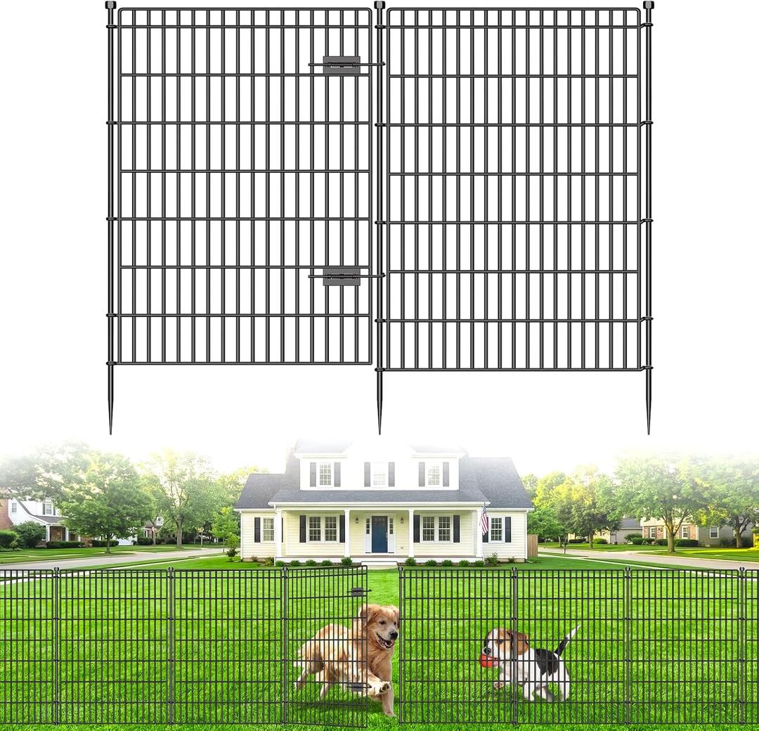 8 Panels No Dig Garden Fence with Gate, 48in(H) × 21ft(L) Decorative Metal Outdoor Dog Fence, Rustproof Pet Fencing for Yard, Patio, Flower Bed -Temporary Fencing| Easy to Install