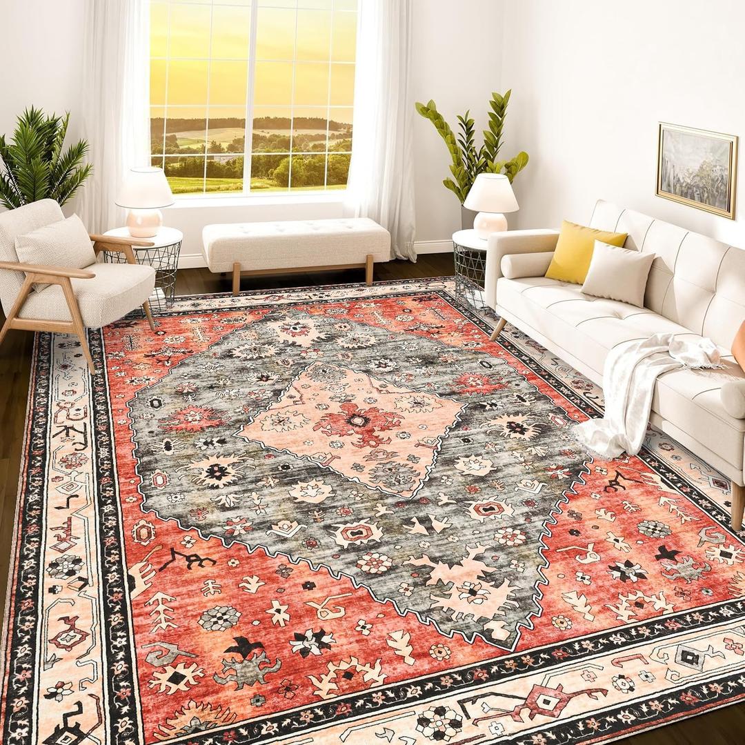 Istana Rugs 8x10 - Red & Teal Rug - Pet Friendly Area Rugs 8x10 - Non Shedding Neutral Area Rugs - Anti-Slip Backing Thick Rugs for Bedroom with Soft Microfiber