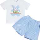 Sinhoon Baby Girl Boy Easter Outfits Infant Bunny Pattern Romper+Blue Stripes Suspender Pants Toddler Easter Clothes Sets (White)