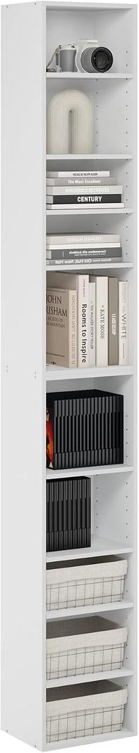 Furinno PASIR Book Shelf, 10-Tier Bookshelf, Bookcase with Open Shelf, 9.2 x 11.8 x 78.7, for Living Room, Bedroom, Home Office, White, 10-Tier, 12-Inch Width
