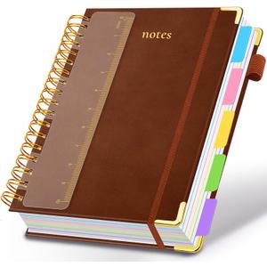 Hardcover Spiral Notebook 8.5"x11" Journal Notebook with Tabs and Removable Dividers 300 Pages 5 Subject Notebook College Ruled, Faux Leather Spiral Bound Notebook for Women School Work (Brown)