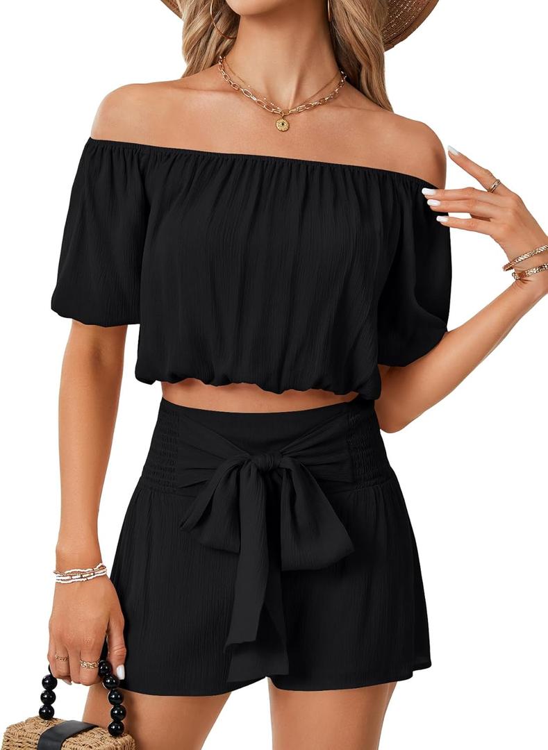 LYANER Women's 2 Piece Outfits Off Shoulder Ruched Crop Top Tie Front Shirred Shorts Sets (Large, Black)