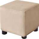Ottoman Cover Square Velvet Storage Ottoman Slipcovers Thick Stretch Footrest Foot Stool Covers Protector with Elastic Band(Small- Beige-Gray)