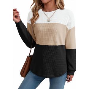 Dokotoo Womens Tops Casual Long Sleeve Waffle Knit Oversized Shirts Crewneck Color Block Pullover Sweatshirts (Blue, XL)
