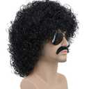 karlery Mens Short Curly Black Mustache Beard Afro Wig California Rocker Disco Halloween Cosplay Anime Costume Party Wig (Black)