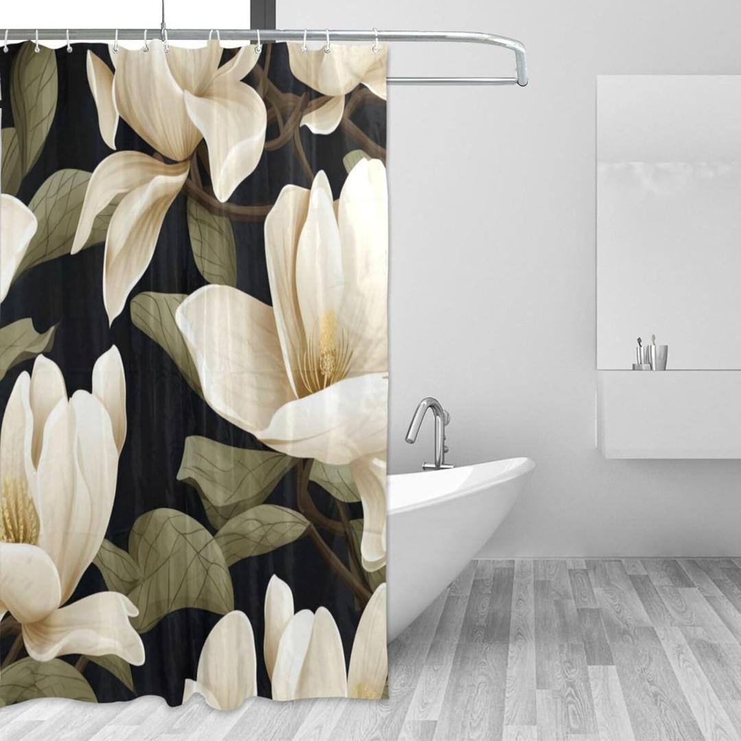 J JOYSAY White Magnolia Flowers Fabric Shower Curtains with Buttonholes Hooks Water Repellent Washable Cloth Shower Curtain for Bathroom Hotel Decor 72 X 72 Inches