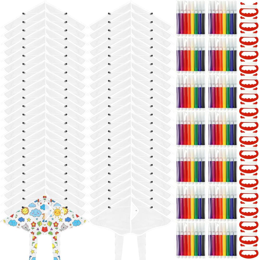 Syhood DIY Kite Bulk Blank Kite Making Kit with Watercolor Pens and String 20 Inch Summer Beach Decorating Coloring Party Set for Craft Outdoor