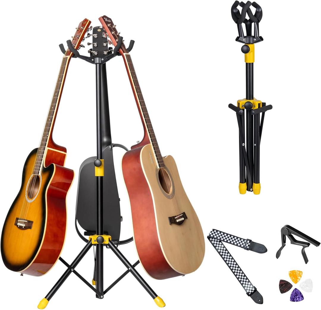 Triple Guitar Stand, Tripod Adjustable 3 Guitar Stand Floor for Acoustic, Bass & Electric. Multi Guitar Rack Stand Holder for Multiple Guitars, Folding Banjo Stand with Strap & Picks