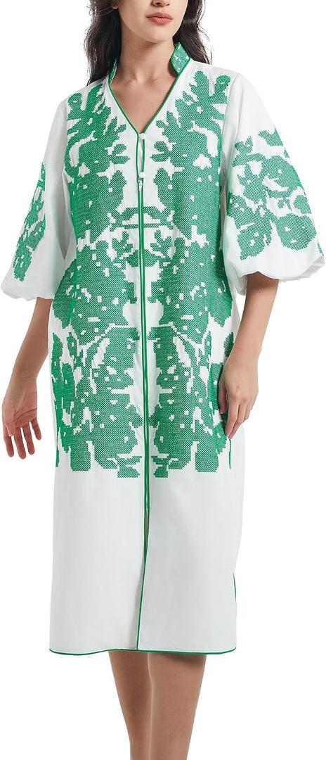D-Sun Women Floral Embroidered Mid Dress 3/4 Sleeves Casual V-Neck Spring Summer Tunic Loose Zip Party Dress with Pocket (M)