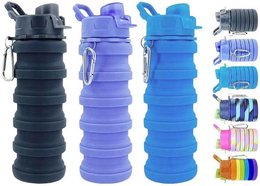 Collapsible Water Bottles 3 Pack Silicone Water Bottle with Carabiner BPA Free Expandable Water Bottle 500ml Portable Sport Water Bottle for Travel Camping. (Black+Purple+Blue)