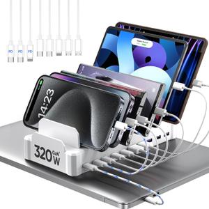 320W Charging Station for Multiple Devices, Zobirez 10-Port USB C Fast Charger Stations for MacBook, iPhone, Android Cell Phone, iPad, Tablet, Family Multi-Device Organizer Charging Dock, White (5FT)