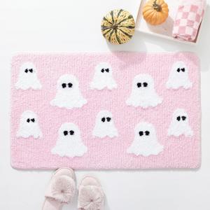 TRUEDAYS Halloween Bath Mat with Spooky Ghosts Pink Bathroom Rugs Cute Home Decor Non Slip, Shower Rug for Bathroom, Bedroom, Living Room
