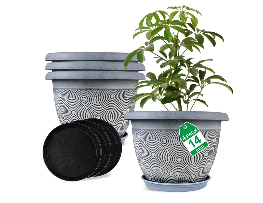 14 Inch Large Planter Pot for Plants Indoor Outdoor, 4 Pack Plastic Flower Pots with Drainage Hole & Tray, Modern Decorative Garden Pot with Saucer, Plant Container for House