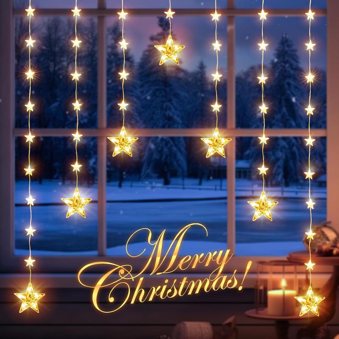 Marchpower 46 Stars Curtain Lights, Battery Operated Christmas Star Window Lights - Warm White with Timer & Memory Function & 8 Modes, IP65 Waterproof for Indoor Window Decoration