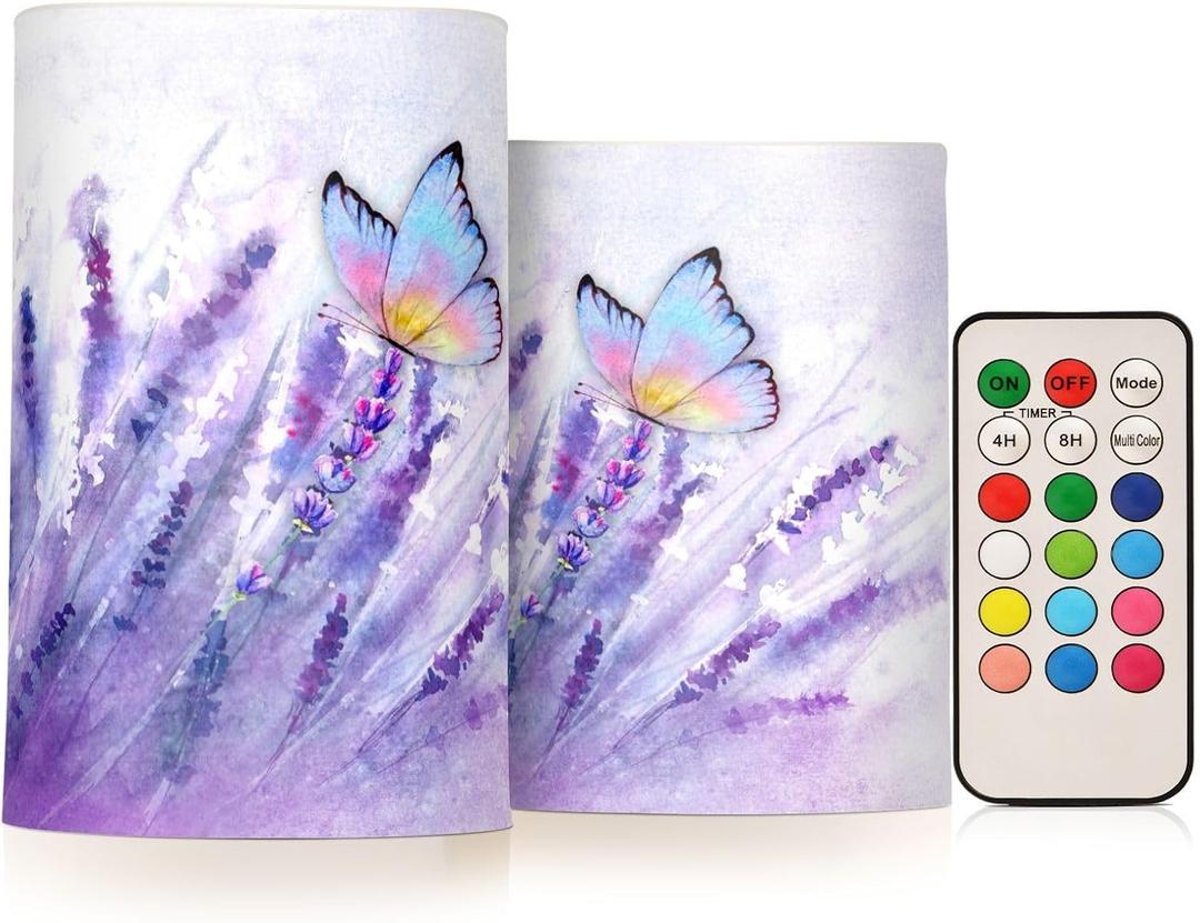 Flickering Flameless Candles, Lavender Butterfly Purple LED Candles with Remote Timer, Set of 2 Battery Operated Candle for Valentine Wedding Birthday (D3" x H5", D3" x H4")