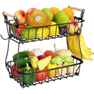 ANTOPY 2 Tier Fruit Basket with 2 Banana Hangers, Countertop Fruit Vegetable Basket Bowl for Kitchen Counter Metal Wire Fruits Storage Stand Holder Organizer for Bread Snack Veggies Produce (Black (2 Tier with Banana Hangers))