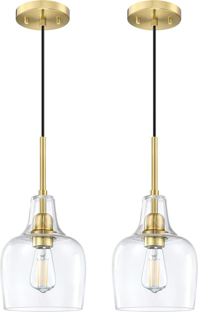 2 Pack 1 Light Kitchen Island Pendant Ceiling Light 6.11" Clear Glass Gold Finish Fixture,Modern Industrial Farmhouse Pendant Lamp for Bedside Over Sink Hallway