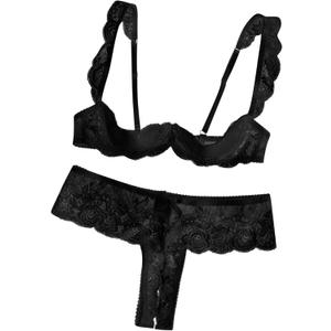 Lilosy Sexy Underwire Floral Lace Sheer Lingerie Set for Women See Through Bra and Panty (Black) X-Large