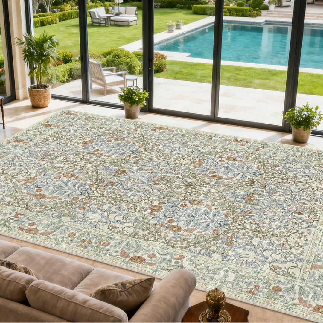 Area Rug for Living Room, 10x12 Large Washable Rugs for Dining Room, Bedroom, Non Slip Stain Resistant Carpet, Low Pile Vintage Floral Rug (Beige Blue)