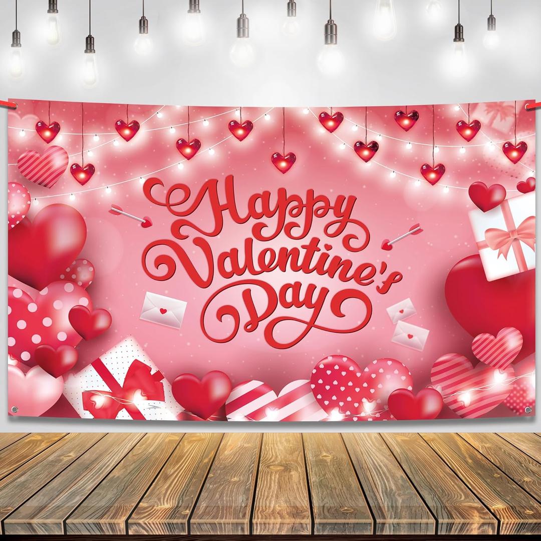 KatchOn, Happy Valentines Day Backdrop - XtraLarge, 72x44 Inch | Script Happy Valentines Day Banner for Valentines Day Decorations | Hearts Valentines Party Decorations | Valentines Decorations for Party (Pink Arrow)