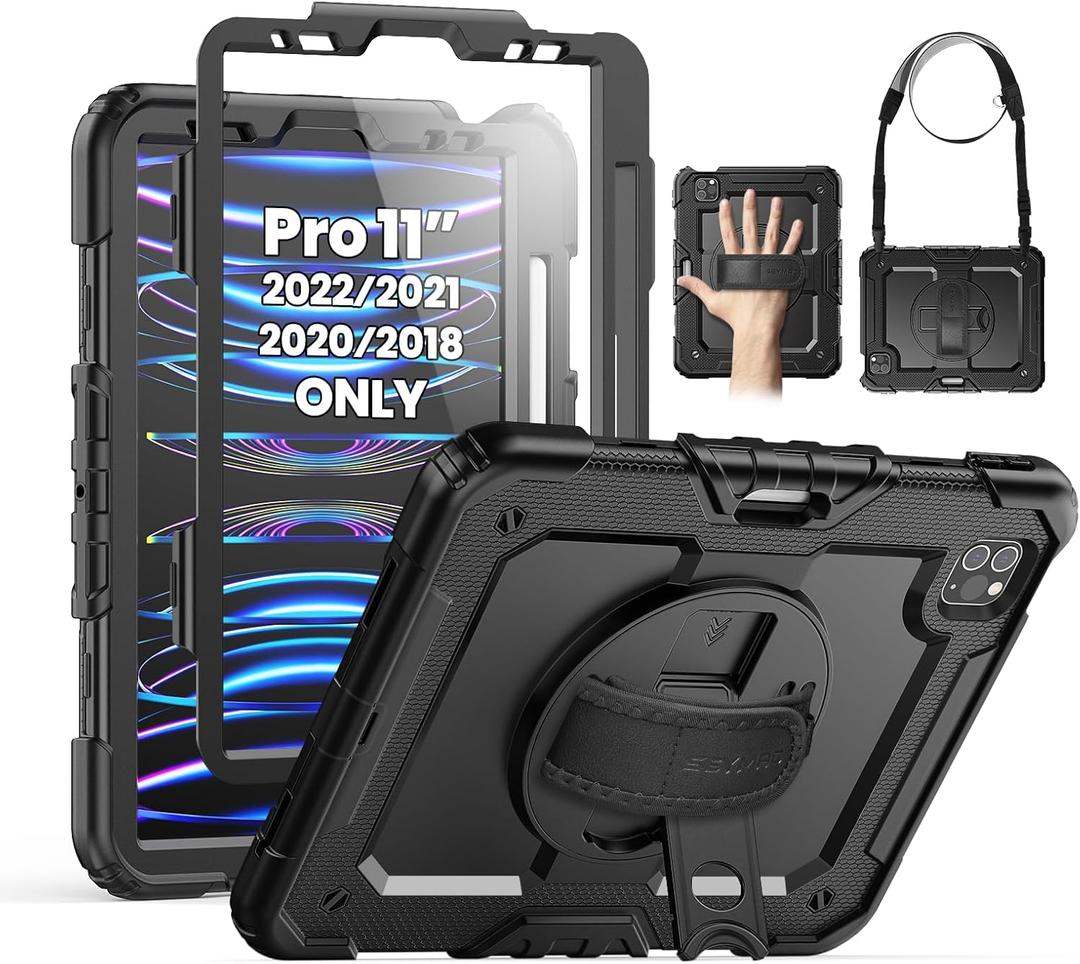 SEYMAC Case for iPad Pro 11 Case 4th/ 3rd/ 2nd/ 1st Gen (2022/2021/2020/2018), Full-Body Shockproof Protective Case with Screen Protector, 360 Rotating Stand and Hand/Shoulder Strap, Black