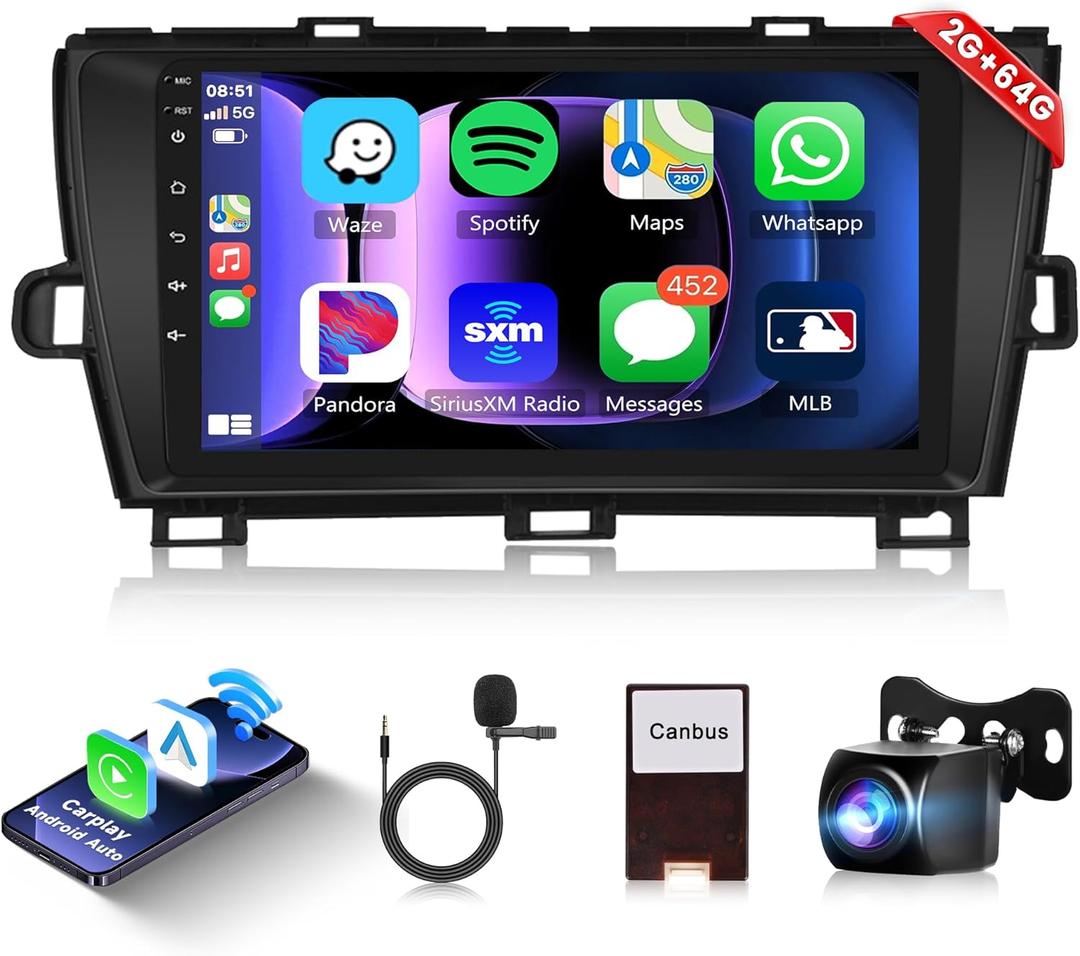 2G 64G Android Car Stereo Radio for Toyota Prius 2010-2015 with Wireless Carplay Android Auto, 9'' Touch Screen Head Unit with Bluetooth GPS Navigation Mirror Link WiFi FM/RDS Hi-Fi Backup Camera SWC
