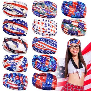 JaGely 12 Pcs Red White and Blue Hairband American Flag Patriotic Headbands for Women Military Veteran Gifts USA Flag Hair Accessories Stretchy Non Slip Wide Knotted Bandanas for Memorial Day