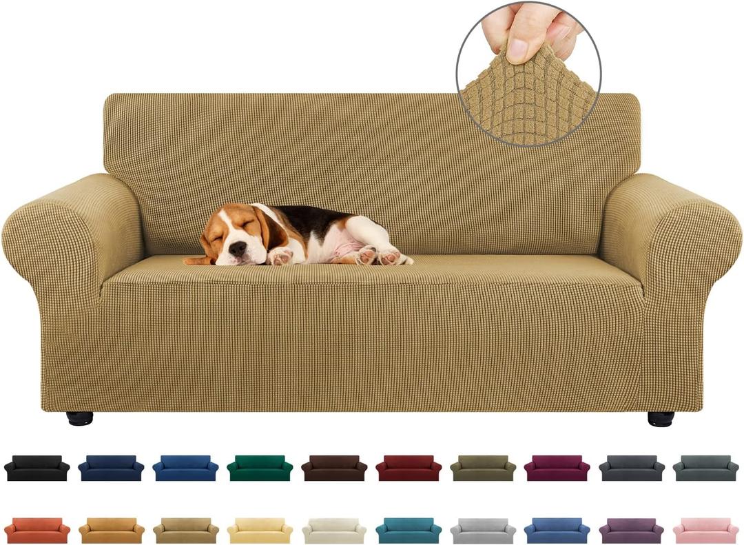 KEKUOU Stretch Loveseat Sofa Cover Slipcover, Couch Covers for 2 Cushion Couch Sofa (55"-78") Furniture Protector Sofa with Elastic Bottom for Kids, Dog. Jacquard Small Checked (Medium, Tan)