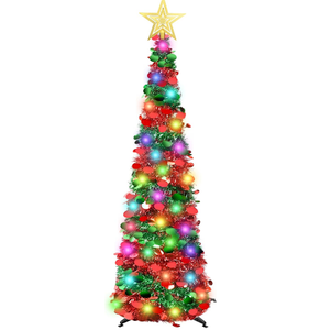 5 FT Pop Up Christmas Tinsel Tree with 50 LED Lights & Remote, Star Topper, Easy Assembly with Stand, Collapsible Prelit Christmas Pencil Tree for Xmas Home Party Decor (Green, Red)