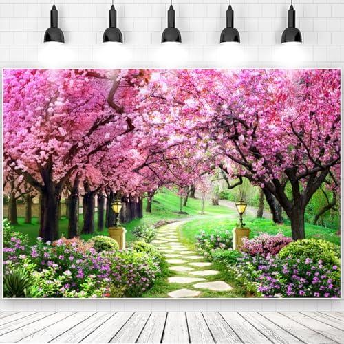 7x5ft Cherry Blossom Tree Backdrop Forest Path Botanical Pink Floral Natural Landscape Backdrop for Wedding Baby Shower Birthday Party Living Room Decoration Props