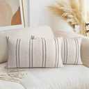 AELS 12x20 Decorative Farmhouse Linen Throw Pillow Covers, Boho Textured Pillow Case, Set of 2, Beige with White & Black Stitch Yarn Dyed Stripe Cushion Cover for Sofa Couch Living Room (Cover ONLY)