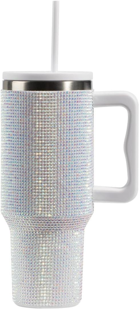 novelinks 40 oz Tumbler with Handle and Straw, Diamond Studded Tumbler Rhinestone Cup Insulated Stainless Steel Tumbler Bling Cups for Large Water Capacity Leak-Proof Water Bottle for Gift (Diamond)
