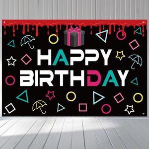 3.28x4.92 ft Happy Birthday Backdrop, Polyester Reusable Korean Games Backdrop Easy to Use Korean Games Party Decoration Supplies for Men Women Birthday