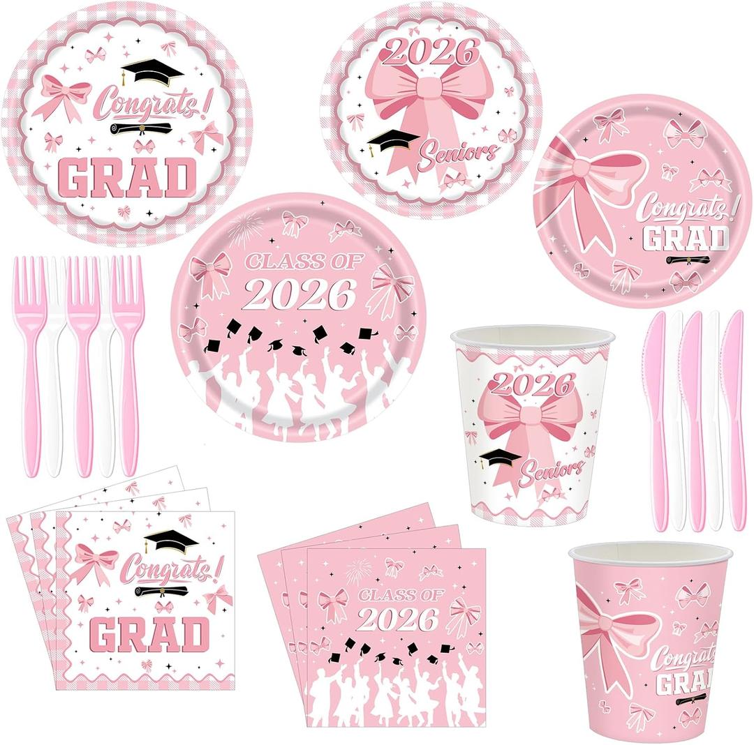 144pcs Pink Graduation Party Supplies for 24, Pink Graduation Decorations 2026 with 9 Inch Graduation Plates, 7 Inch Dessert Plates, Napkins, Paper Cups, Forks and Knives