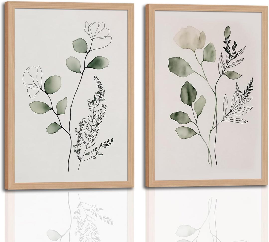 2Pcs Framed Wall Art Minimalist Botanical Canvas Plant Wood High-Framed Design Flower Green Eucalyptus Leaf Artworks Prints Poster for Living Room Bathroom Bedroom 16x24in
