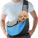 Pawaboo Pet Dog Sling Carrier, Hand Free Drawstring Dog Papoose with Adjustable Strap, Breathable Mesh Bag for Puppy Cat, Crossbody Satchel Dog Purse with Pocket for Outdoor Travel, Light Blue, Medium